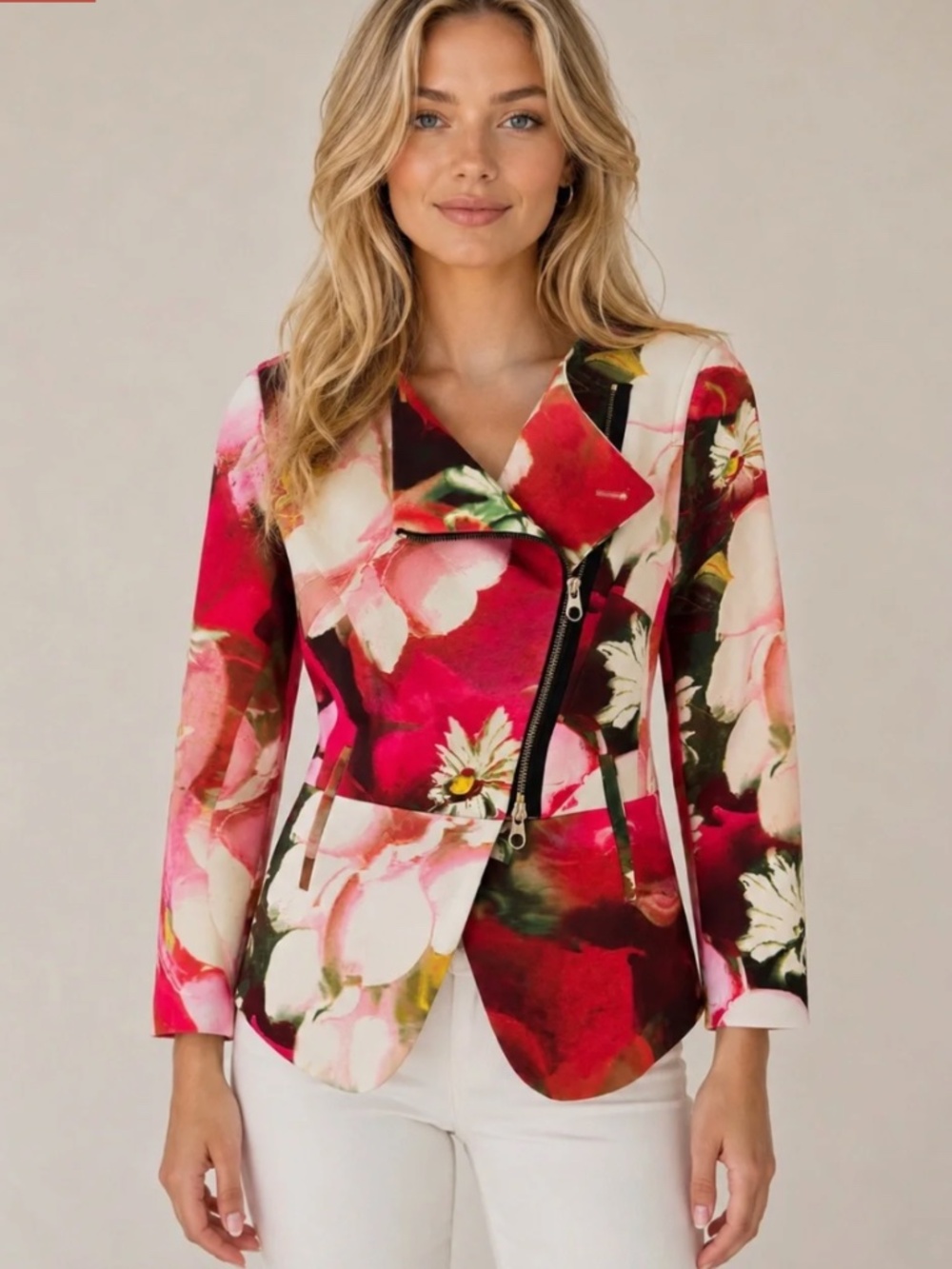 NEW! Ted Baker Isabeau Pink, Red & Cream Floral Asymmetric Zip Blazer Size 2